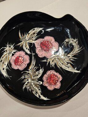 Vintage Sascha Brastoff Mid Century Abstract Floral Black Pink White Dish F42